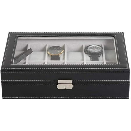 12-Slot Watch Box, Watch Organizer, Lockable Jewelry Display Case with Real Glass Top, Synthetic Leather, Black