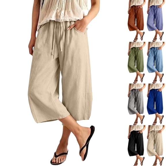Betivan Linen Shorts for Women Wide Leg Knee Length Bermuda Shorts Summer Casual Capris High Waisted Capri Pant with Pockets
