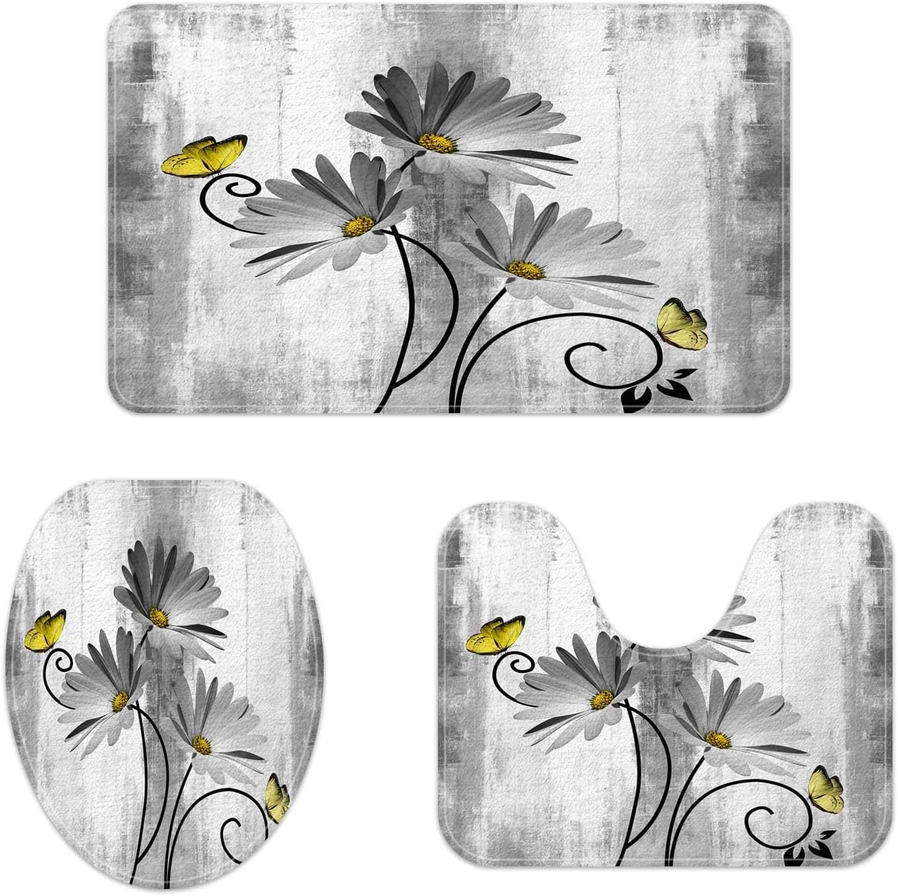 Rustic Farmhouse Bath Mat Set, Farm Gray Daisy Floral Flowers and Butterfly on Country Wooden Bathroom Mat Set with Non-Slip Bath Rug, Soft Toilet Lid Cover and Contour Mat, Turquoise Gray (Gray)