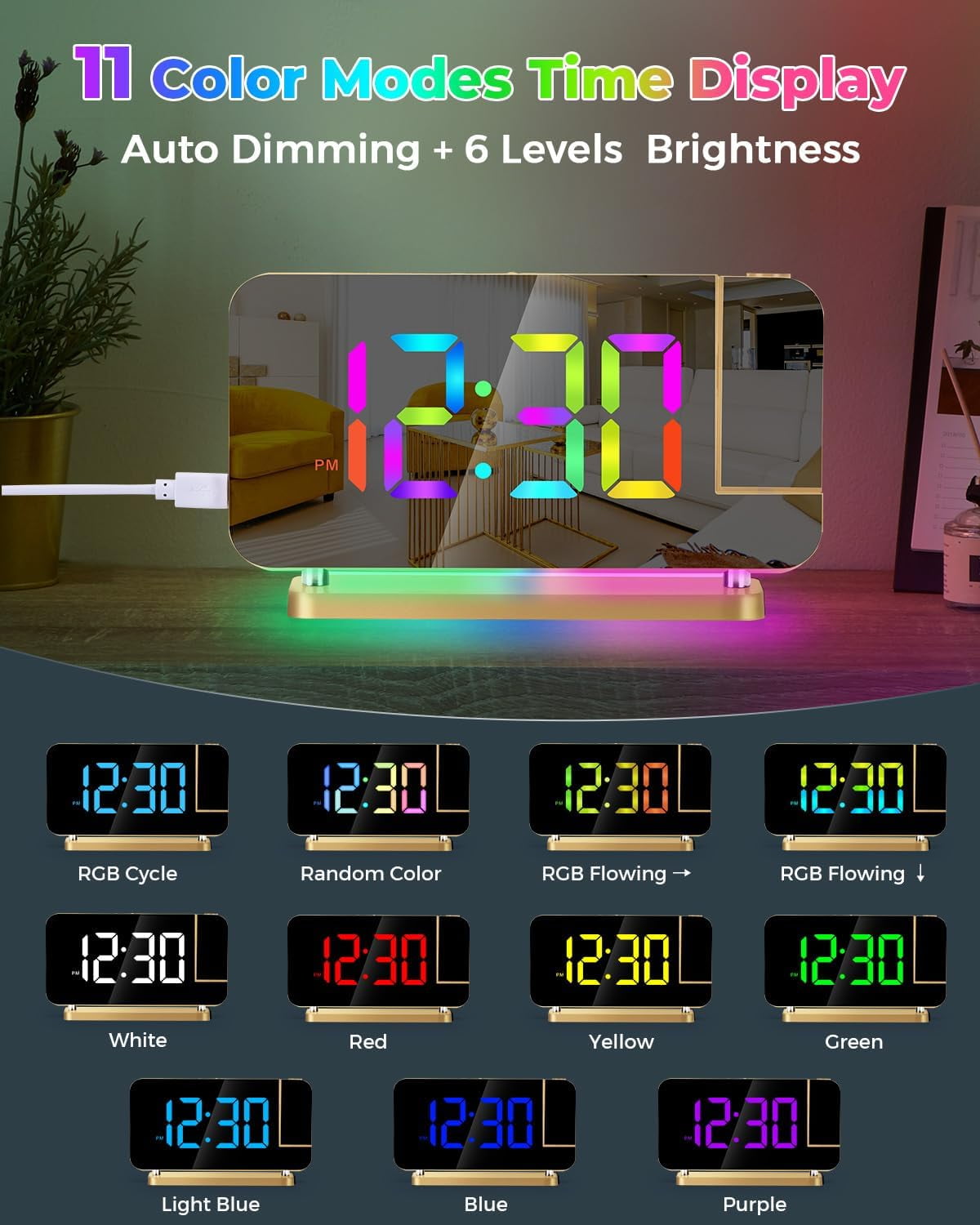 Wiher Projection Alarm Clock,7.4 in LED Mirror Digital Clocks Projection on Ceiling Wall,with RGB Night Light,USB C Charging Port,Auto Dimming,Modern Desk Clock for Bedroom Decor - Gold