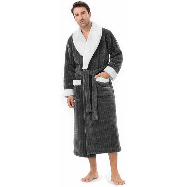 Men's Coral Fleece Robe Full Length Lounge Shawl Bathrobe with 2 Pockets