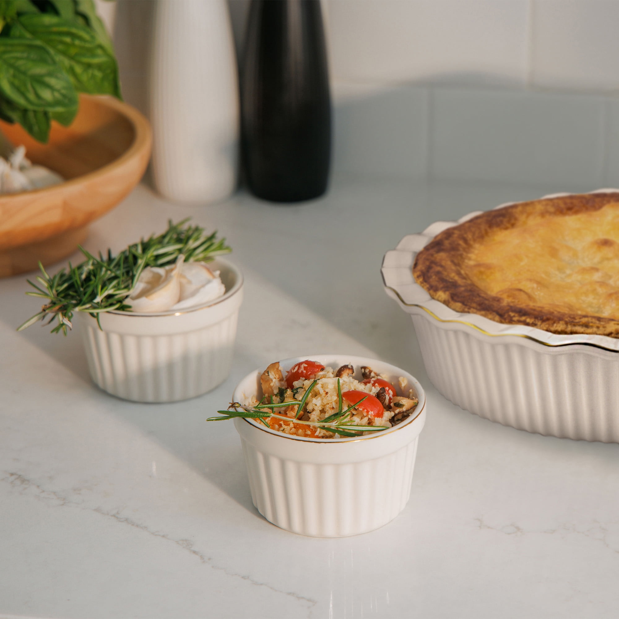 Thyme & Table Pie Dish and 2-Piece Ramekin Set, White Ribbed Ceramic