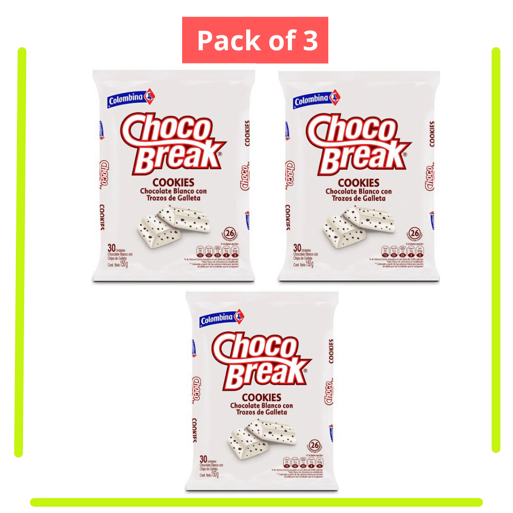 Chocobreak (Pck of 3) a colombian white Chocolate filled with cookies Bag of 30 Colombian Candy Colombian Snack food Dulce colombiano Mekato Colombiano Colombian gift