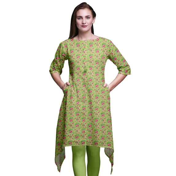 Bimba Green Leaves & Floral Printed Asymmetrical Kurti Tops For Women Indian Summer Dress Tunic XXX-Large