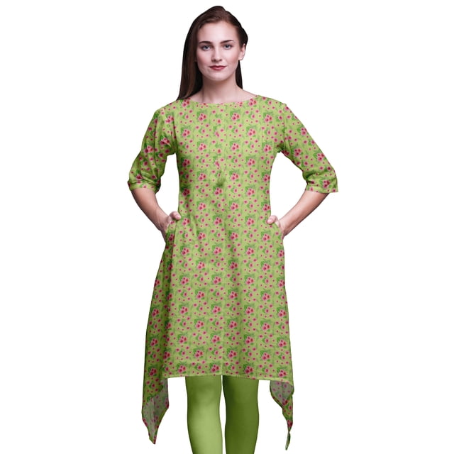 Bimba Hauts Imprimés Feuilles Vertes & Floraux pour Femmes Kurti Asymétrique Robe d'Été pour Filles Petites