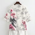 thumbnail image 5 of Xoenoiee Leopard Cherry Blossom Cloud Print Linen Shirts for Women 3/4 Sleeve Button Down Blouses V Neck Casual Loose Fit Cotton Linen Clothes Summer Tops, 4XL, 5 of 7