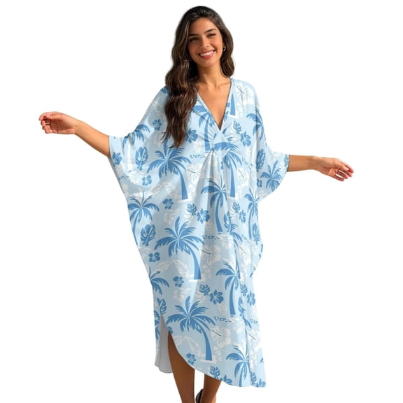 SEANATIVE Caftans for Women Beach Cover Up Swimsuit Coverups Swimwear Kaftan Dresses Long Caftans Plus Size Batwing Sleeve Swimsuit Coverup V Neck Summer Beach Dress, Blue Floral Palm Tree