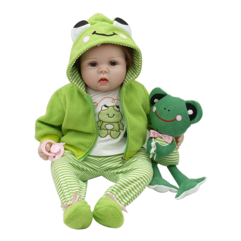 Amdohai 550mm Baby Doll with Frog Plush Toy Soft Silicone Vinyl Lifelike Reborn Doll Baby Kids Toy Gift