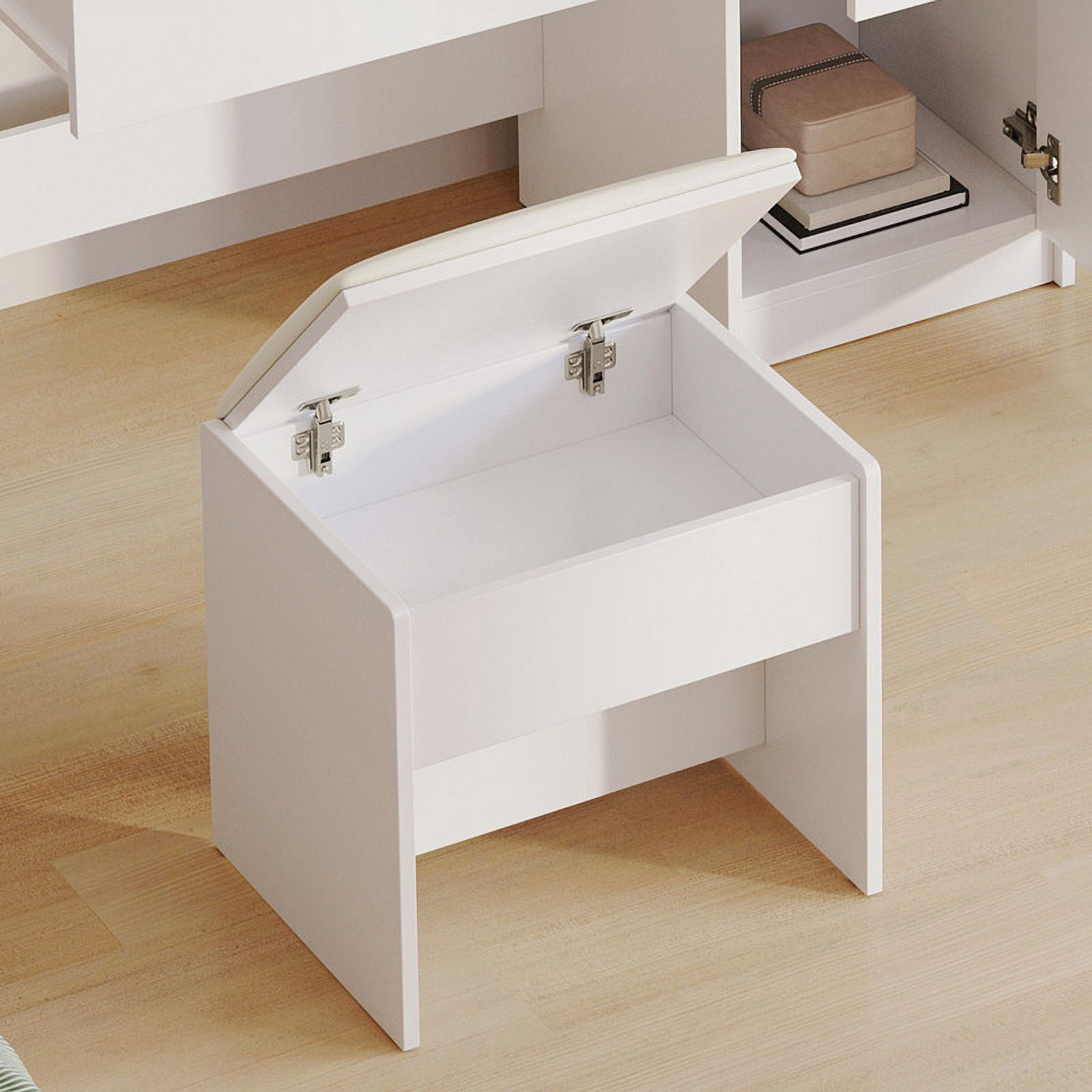 Uforic White Vanity Desk Set with Power Outlet & LED Light, Makeup Vanity with Cushioned Stool, Vanity Table with 2 Drawers& Storage Shelves