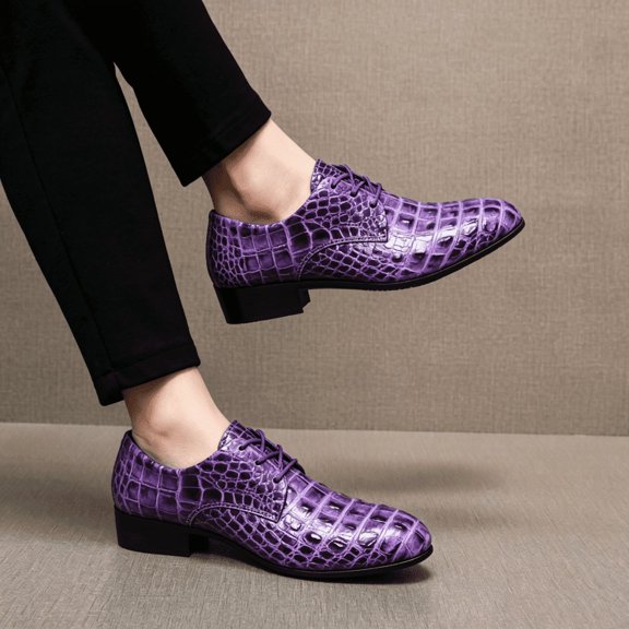Men's Crocodile Embossed Purple Oxford Shoes Low Heel Lace Up Shiny Formal Party Wedding Stage Dress Leather Shoes
