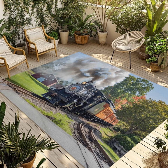 Train Railway Outdoor Rug for Patio/Deck/Porch, Non-Slip Large Area Rug 3 x 5 Ft, Countryside Cabin Trees Farmhouse Rustic Indoor Outdoor Rugs Washable Area Rugs, Reversible Camping Rug Carpet Runner