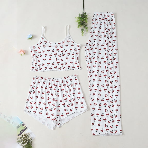 YHAJDS Sleepwear Set for Women 3 Piece Sleeveless Camisole with Shorts and Pants Lounge Set