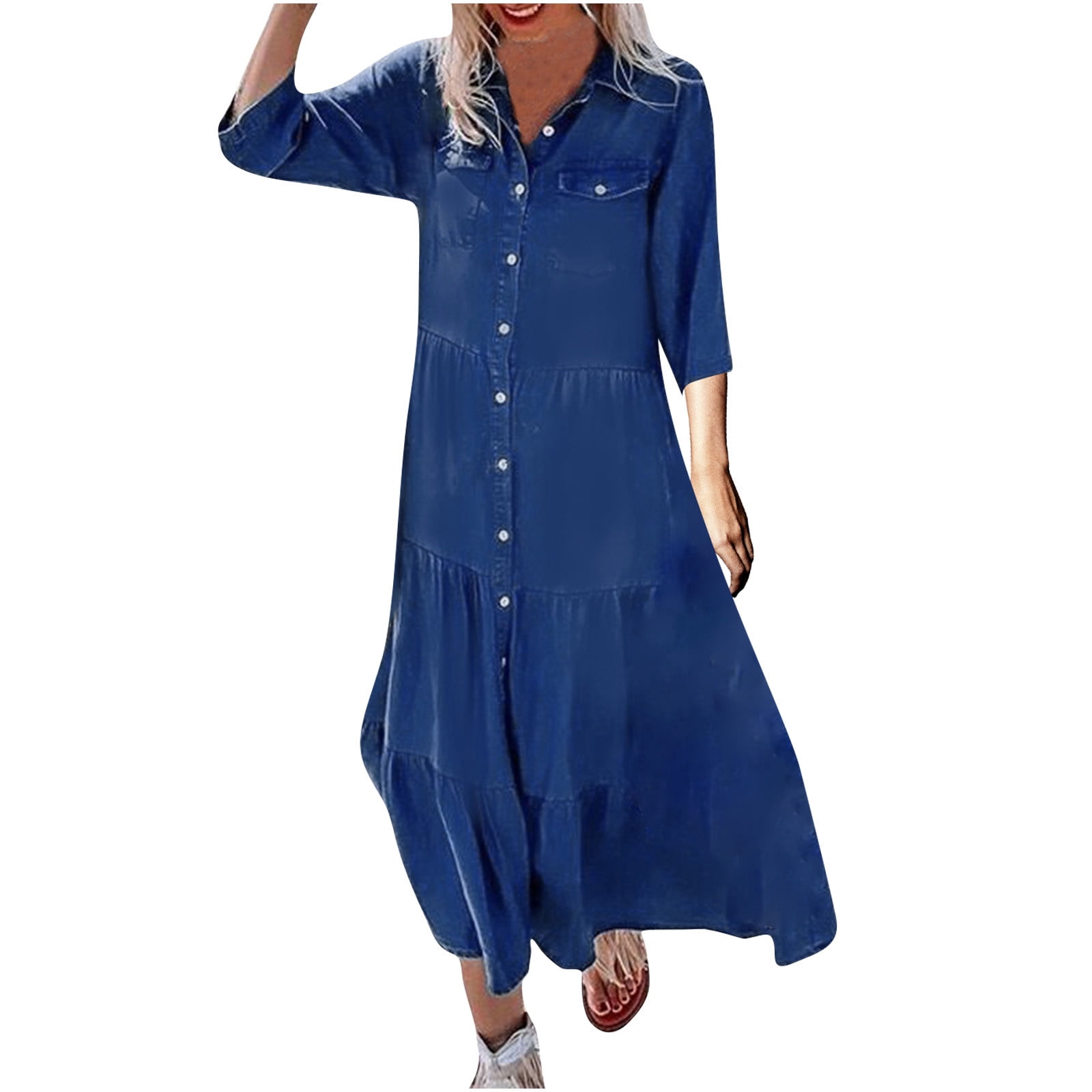 Women's Half Sleeve Denim Shirt Dresses Lapel V Neck Casual Botton Down ...