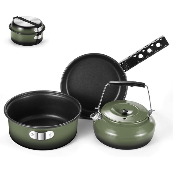 5pcs Camping Cookware Non-Stick Camping Pot and Pan Set with Kettle and Removable Handle for Hiking Backpacking and Picnic