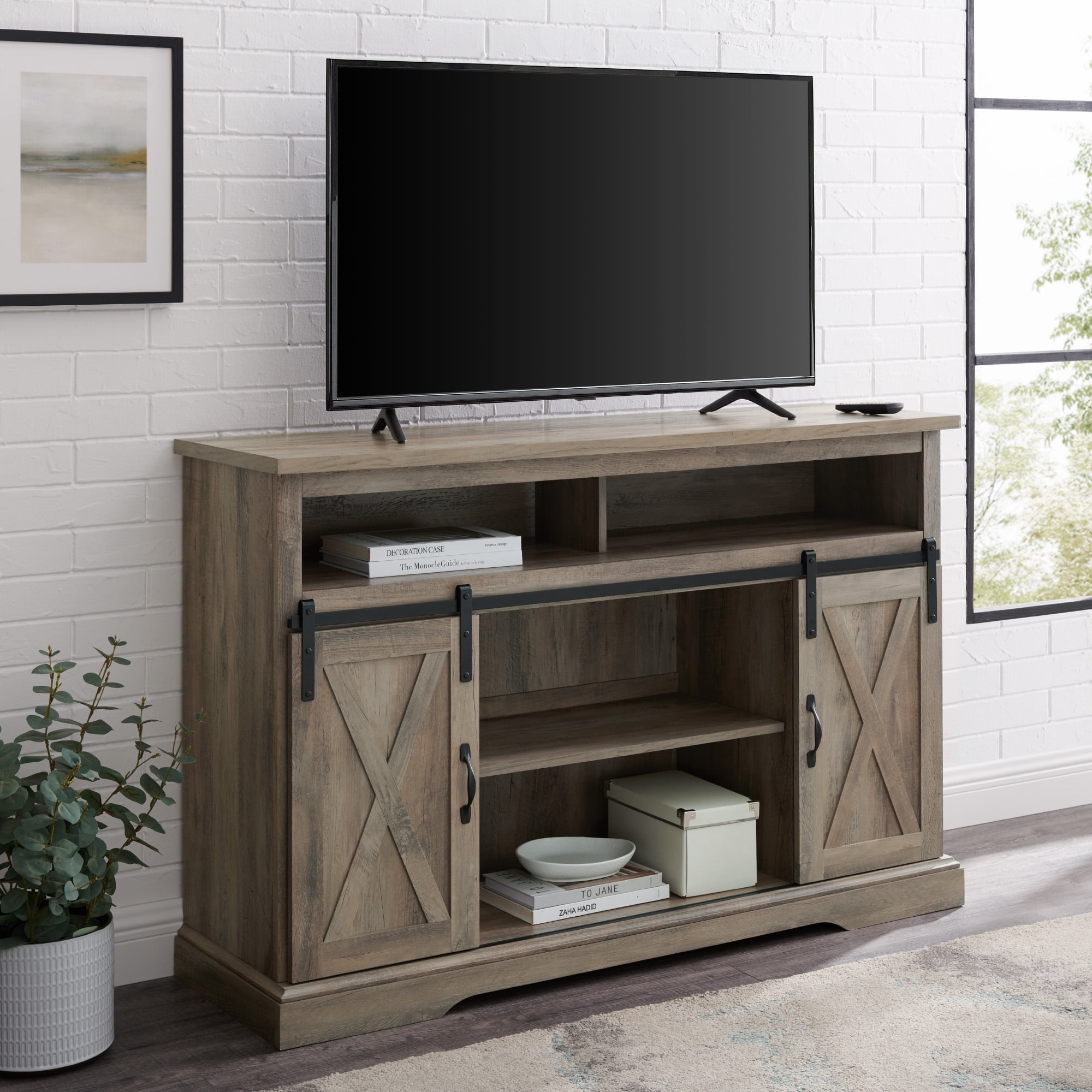 Woven Paths Farmhouse Barn Door TV Stand for TVs up to 58", Grey Wash