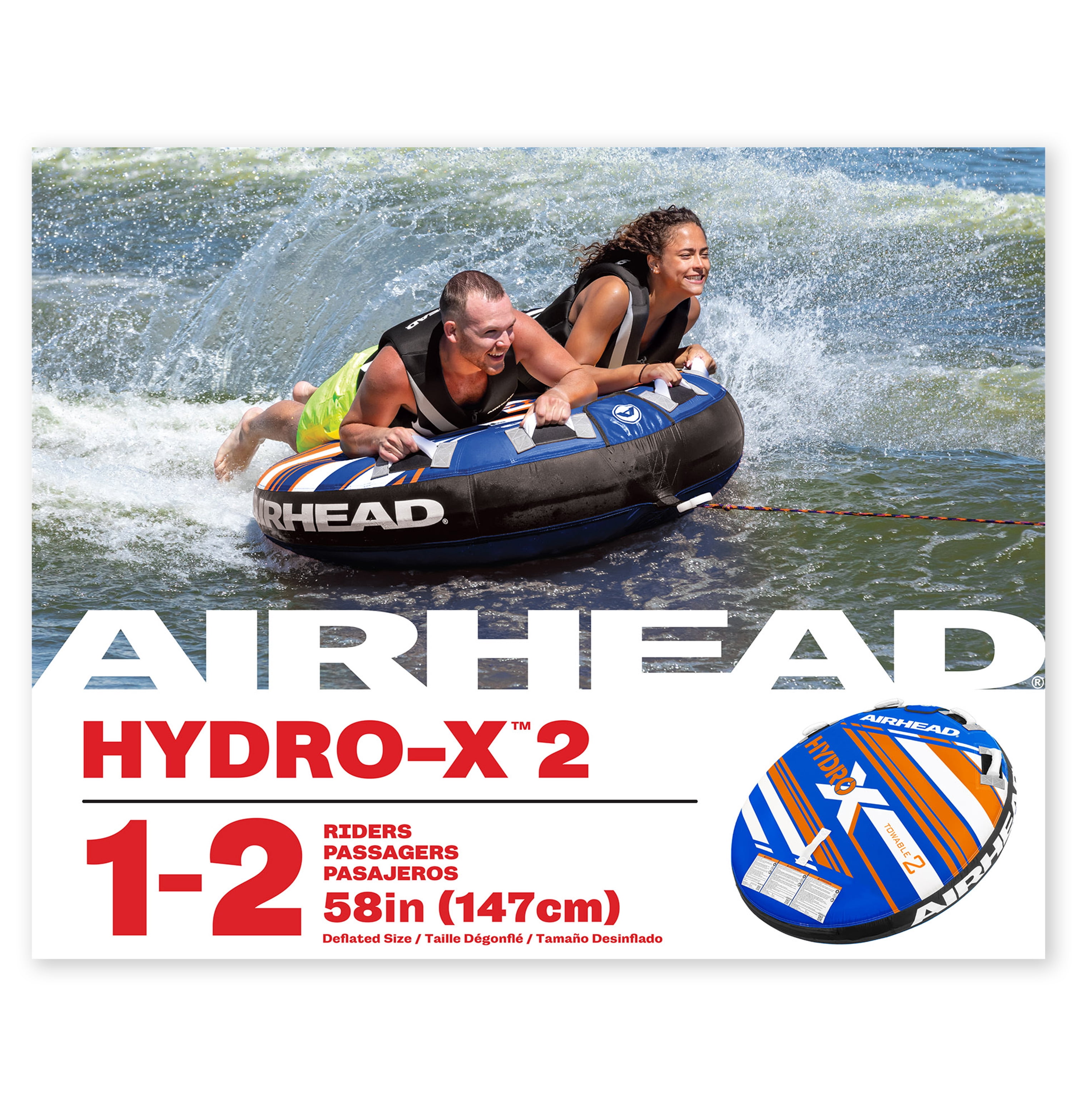 Airhead Hydro-X 2 Person Heavy Duty Nylon Covered Towable Tube, Max Weight 240 lbs