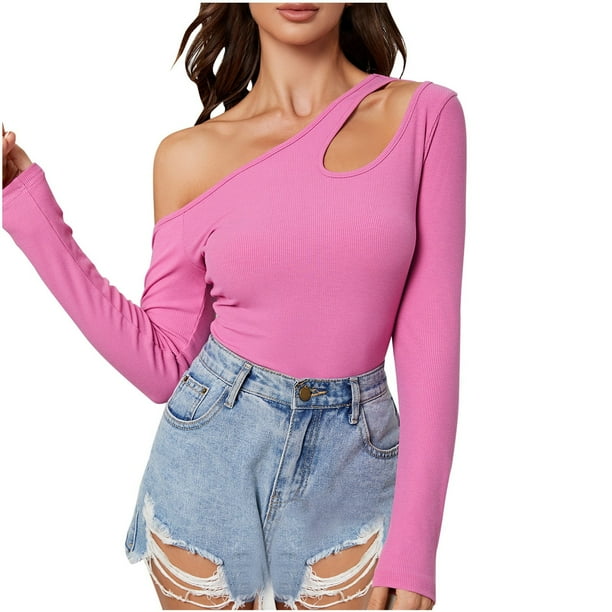 Camiseta de manga larga con hombros descubiertos para mujer - Material de poliéster, tallas S-XL - Corte ajustado y diseño irregular para un estilo informal y elegante