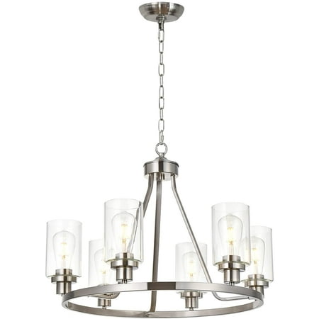 

6 Lights Round Chandelier Brushed Nickel Dining Room Fixtures Hanging Glass Pendant Light for Kitchen Room Bedroom