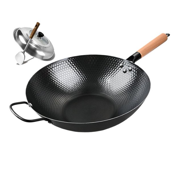 JHIALG Nonstick Wok,Fish Scale Pattern Flat Bottom Non-Stick Pan, Carbon Steel Woks Coa & Nonstick Stir-Fry Pans Lid Rust with