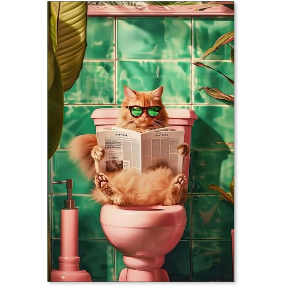 Aaheei Funny Orange Cat Sitting on Toilet Reading Newspaper Wall Art Pink Animals Bathroom Canvas Poster Cute Funny Cat Artwork Wall Decor for Lavatory Bathroom Toilet