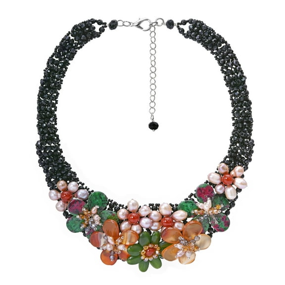 Vibrant Floral Garden Stone Shell and Crystal Statement Necklace