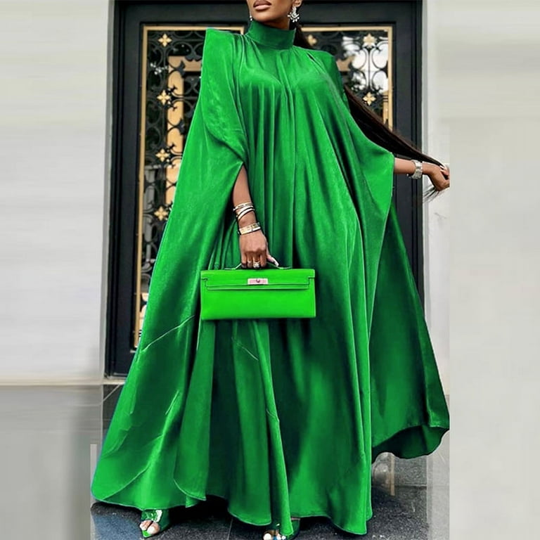 VONDA Women Elegant Long Bat Sleeve Stand Collar Evening Party Pleated  Casual Solid Loose Long Dress - Walmart.com