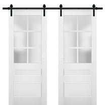 Sturdy Double Barn Door with Frosted Glass | Veregio 7339 White Silk | 13FT Rail Hangers Heavy Set | Solid Panel Interior Doors-36" x 96" (2* 18x96)-Black Rail