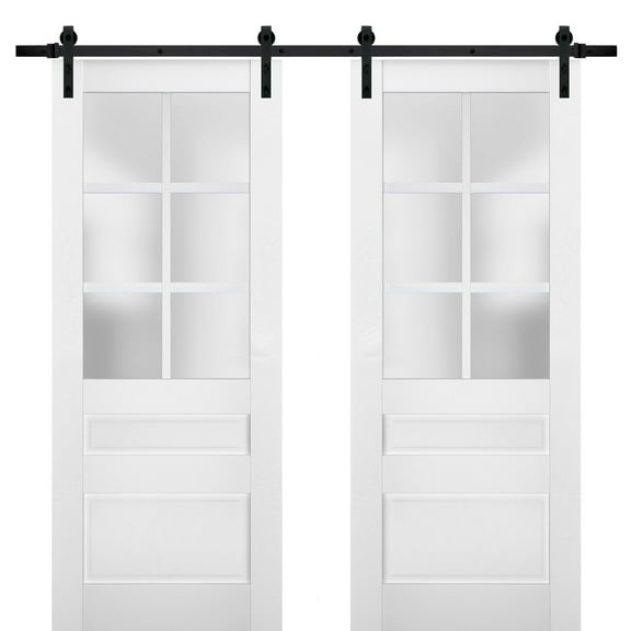 Sturdy Double Barn Door with Frosted Glass | Veregio 7339 White Silk | 13FT Rail Hangers Heavy Set | Solid Panel Interior Doors-36" x 96" (2* 18x96)-Black Rail