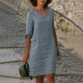 thumbnail image 2 of Mini vestido estampado con cuello en V y manga media para mujer - Algodón/lino, estilo informal/vacacional, primavera/otoño, lavado a mano/a máquina con programa delicado, tallas asiáticas reales, 2 of 4