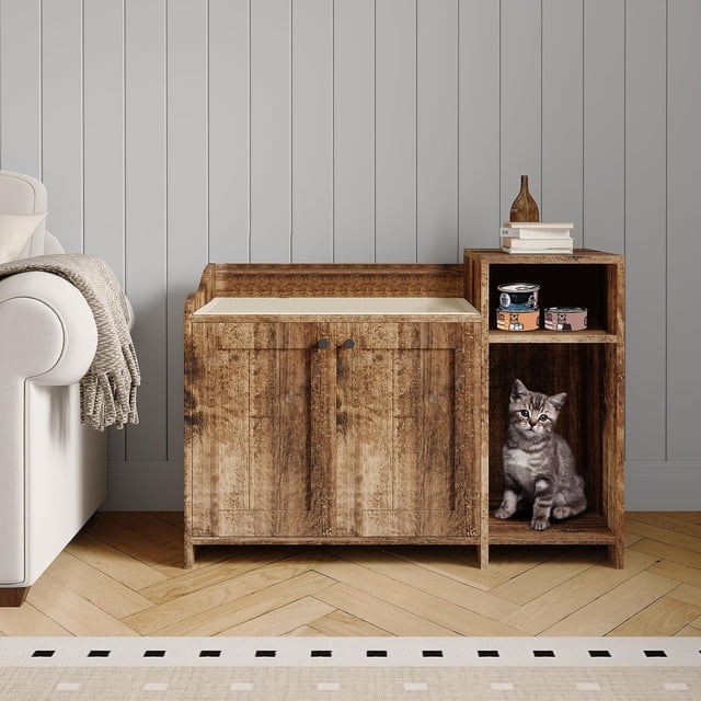 Enclos pour Litière de Chat avec Tablette de Rangement et Porte de Grange en Bois, Armoire pour Litière Dissimulée, Style Table d'Appoint, Maisonnette Intérieure pour Chat Convenant à la Plupart des Bacs à Litière Rétro