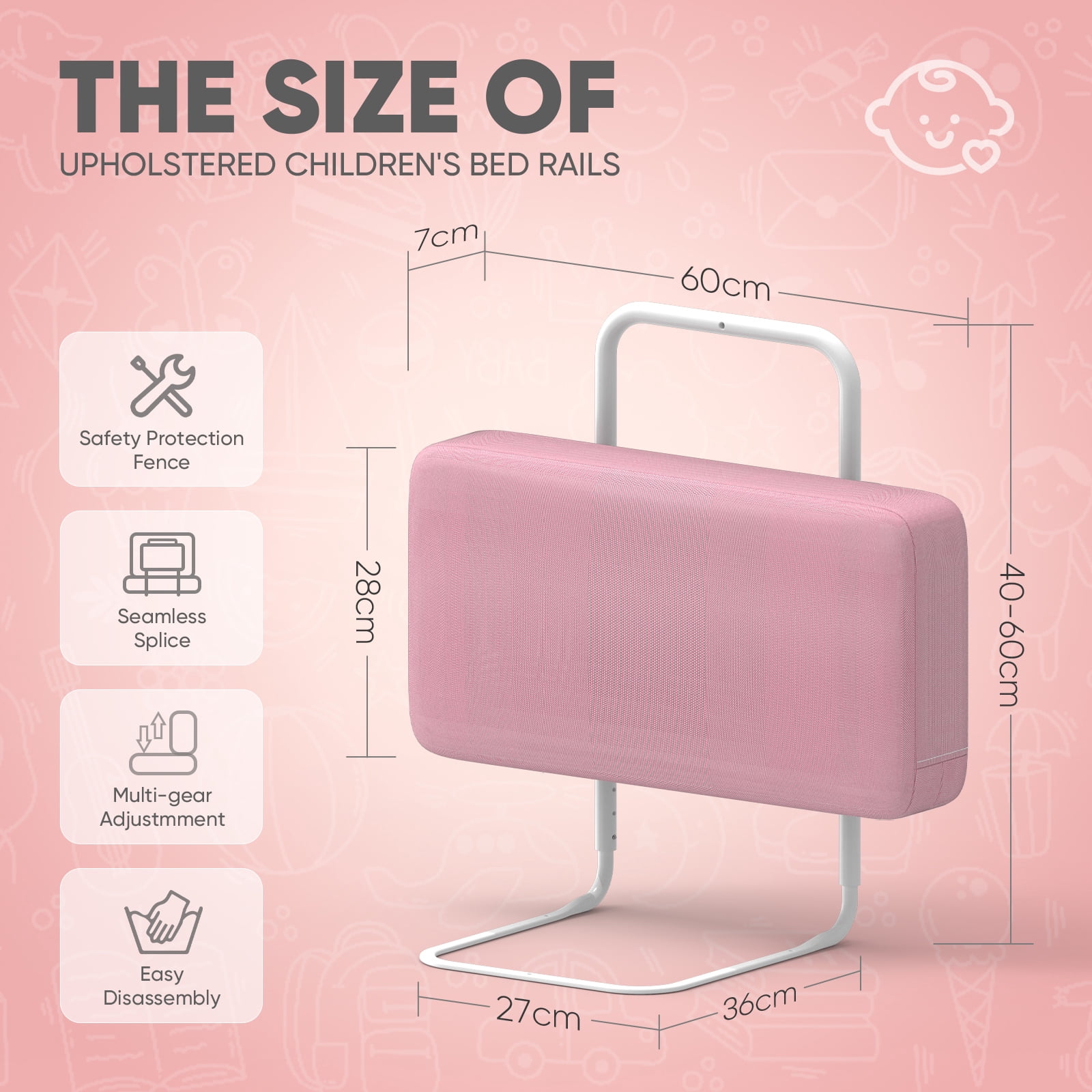 Kidsbuddy 23.6" Toddler Bed Rails Guard Foldable Portable Kids Bed Rail 5 Hole Height Adjustable Bed Rails for Toddlers, 2PC, Pink