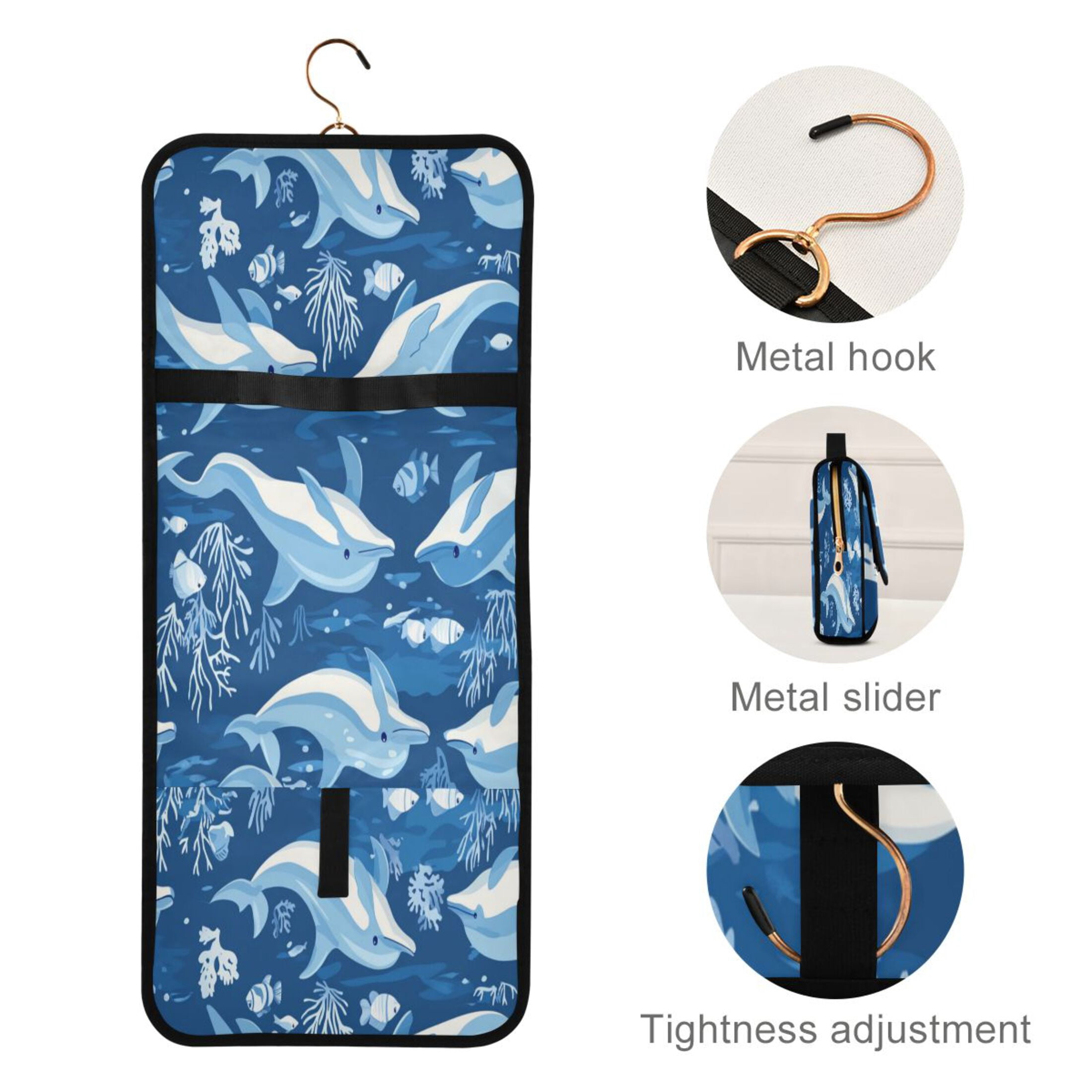 3-Piece Travel Toiletry Bag Set, Hanging Wash Bag with Makeup Bag & Brush Case,Waterproof Cosmetic Organizer for Travel, Gym & Home Playful Dolphins