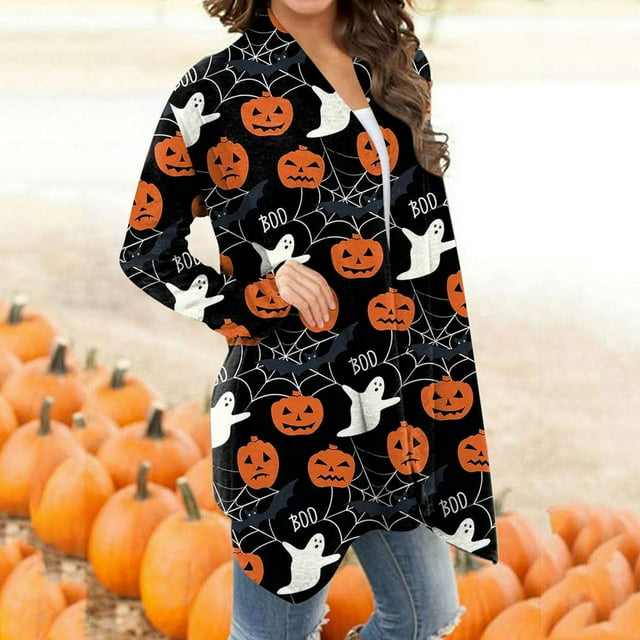 PENGXIANG Cardigan Décontracté à Fleurs d'Halloween pour Femmes, Veste Manteau Longueur Moyenne Marron XXXXXL
