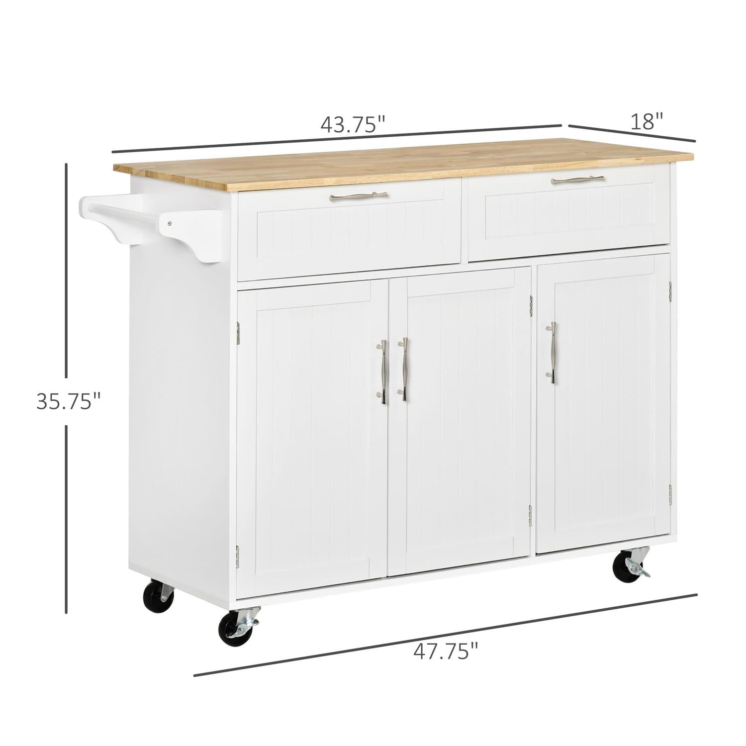Demi Bonn 47" Mobile Kitchen Island with Storage, Adjustable Shelves, Storage Drawers, Towel Rack, 3-Door Cabinet for Organizing, Storage, White