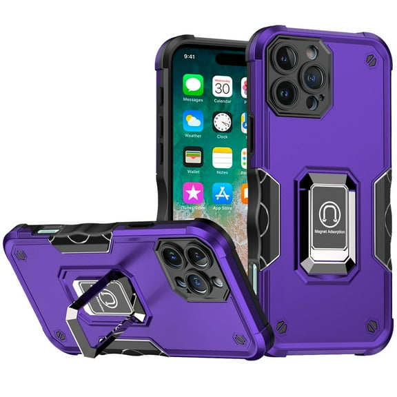 TJS for iPhone 16 Pro Max Phone Case, [Military Grade] Heavy Duty Magnetic Support Ring Kickstand Cover (Purple)