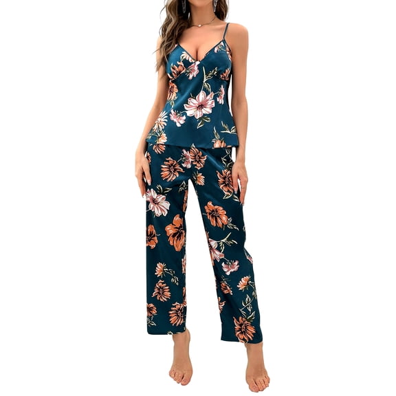 A AGROSTE Women's Silk Satin Pajamas Set 2 Pcs Floral Silky Pj Sets Sleepwear Cami Nightwear with Pant