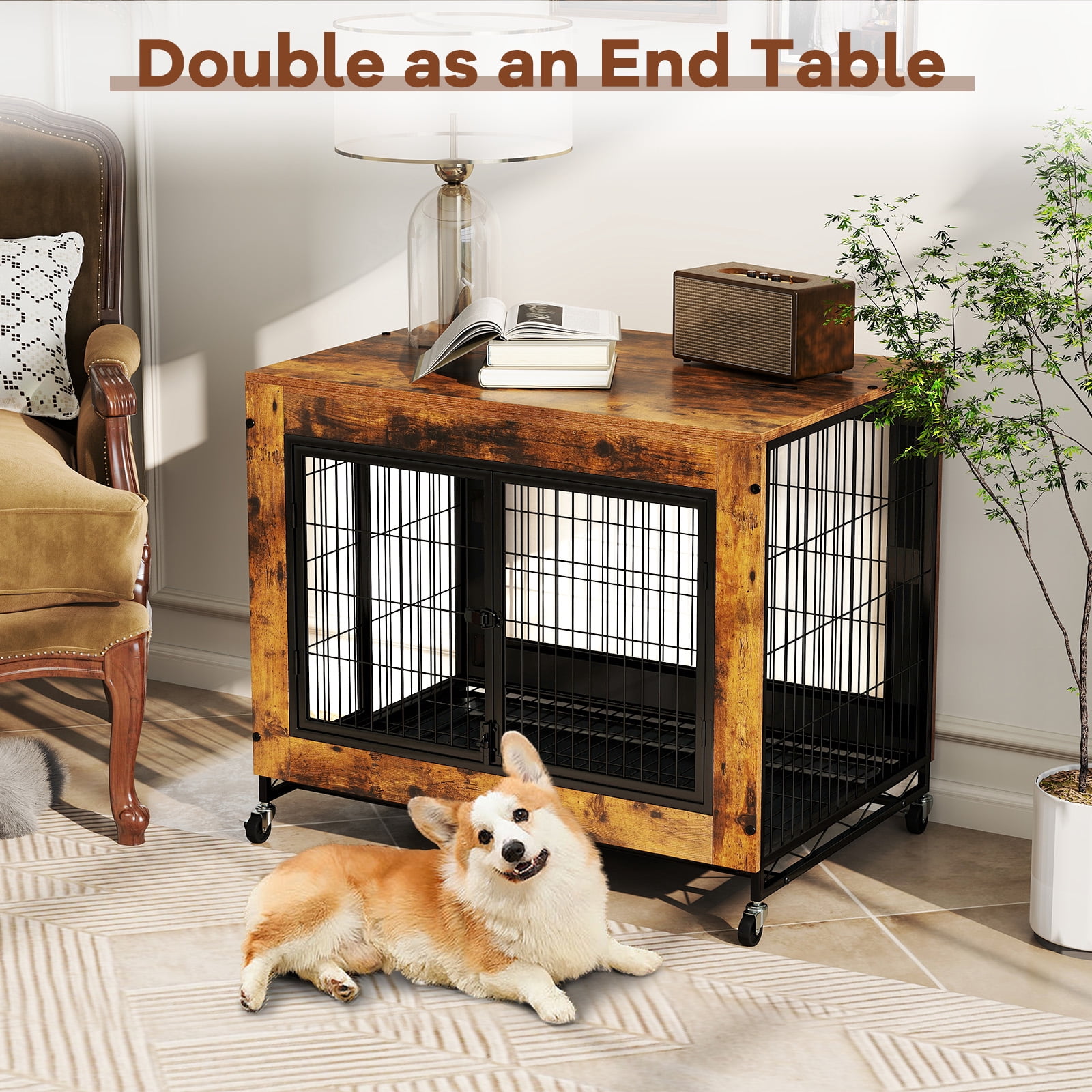 Gymax Dog Crate Furniture Industrial Dog Kennel w/ Flip-up Top Decorative Pet House Rustic Brown