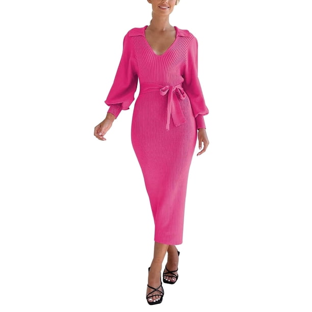 Gibobby Vestido de punto para mujer Vestido de suéter de longitud media de color sólido para mujer, elegante vestido envolvente de punto con cuello en V y manga larga(Rosa caliente,XL)