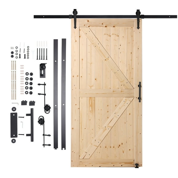 KFFKFF Barn Door Set with Hardware, 42" x 84" Wooden Sliding Farmhouse Door, Operates Silently, Comes with 8-in-1 Ground Guide and Door Grip, Spruce Wood Panel Design, Simple Assembly