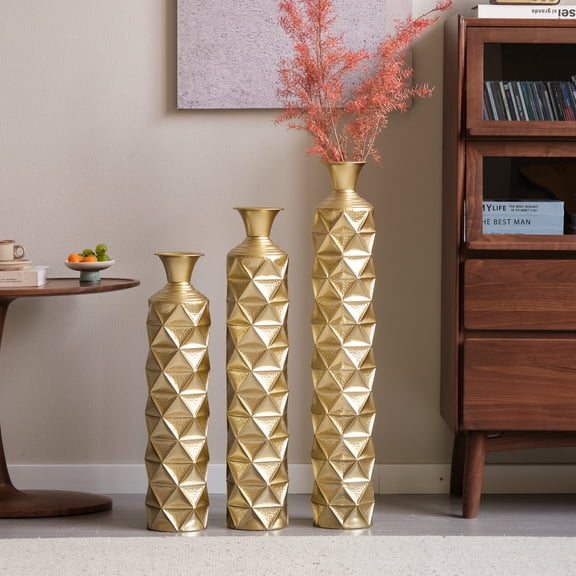 GAKMCIL Metal Tall Floor Vase for Dried Flowers Centerpiece Vase with 3D Triangle Pattern, for Home Decoration (Set of 3 33.5" 29.5" 25.2" H) (Gold)
