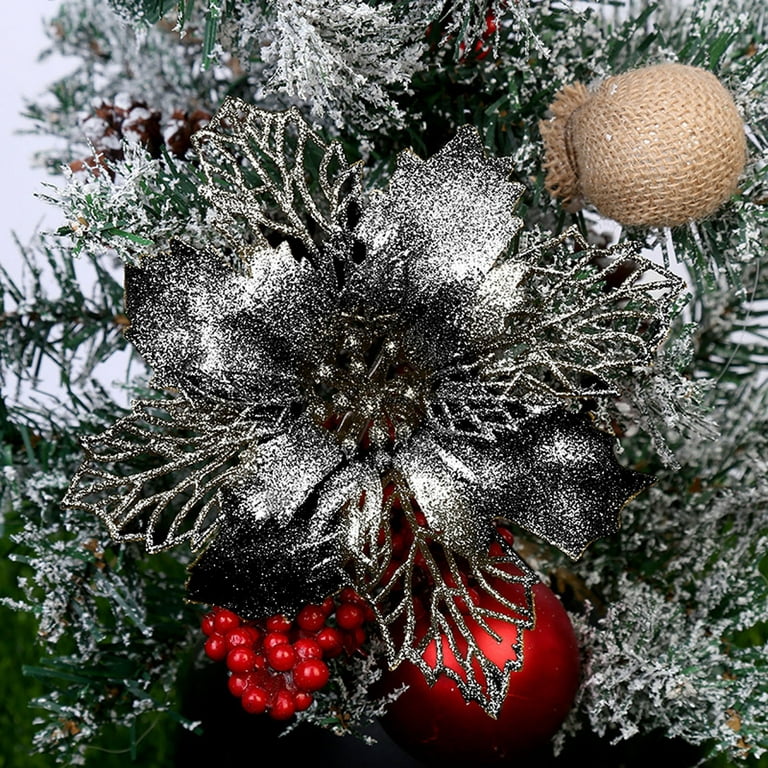 KEUSN Set Of 6 Pcs Christmas Flowers Ornaments Glitter Floral Accessories  Xmas Wreath Tree Decorations For Party Home Wedding Christmas Tree  Ornaments