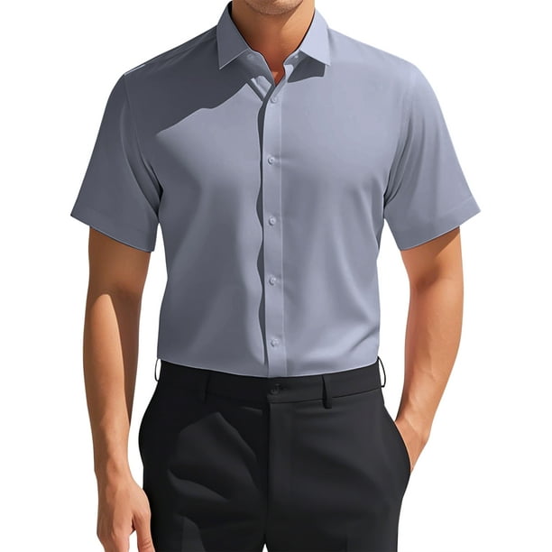 CAMISAS DE MANGA CORTA PARA HOMBRES INSPIRADORAS, ELÁSTICAS Y LIGERAS, CAMISAS FORMAL DE BOTONES SÓLIDAS EN GRIS
