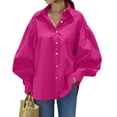 thumbnail image 2 of CIENVNSTG Women's 2026 Spring Fall Trendy Casual Lapel Button Down Blouse Lantern Puff Long Sleeve V Neck Loose Solid Plus Size Oversized Top Airy Relaxed Office Work Weekend Outfit Hot Pink 3XL, 2 of 6