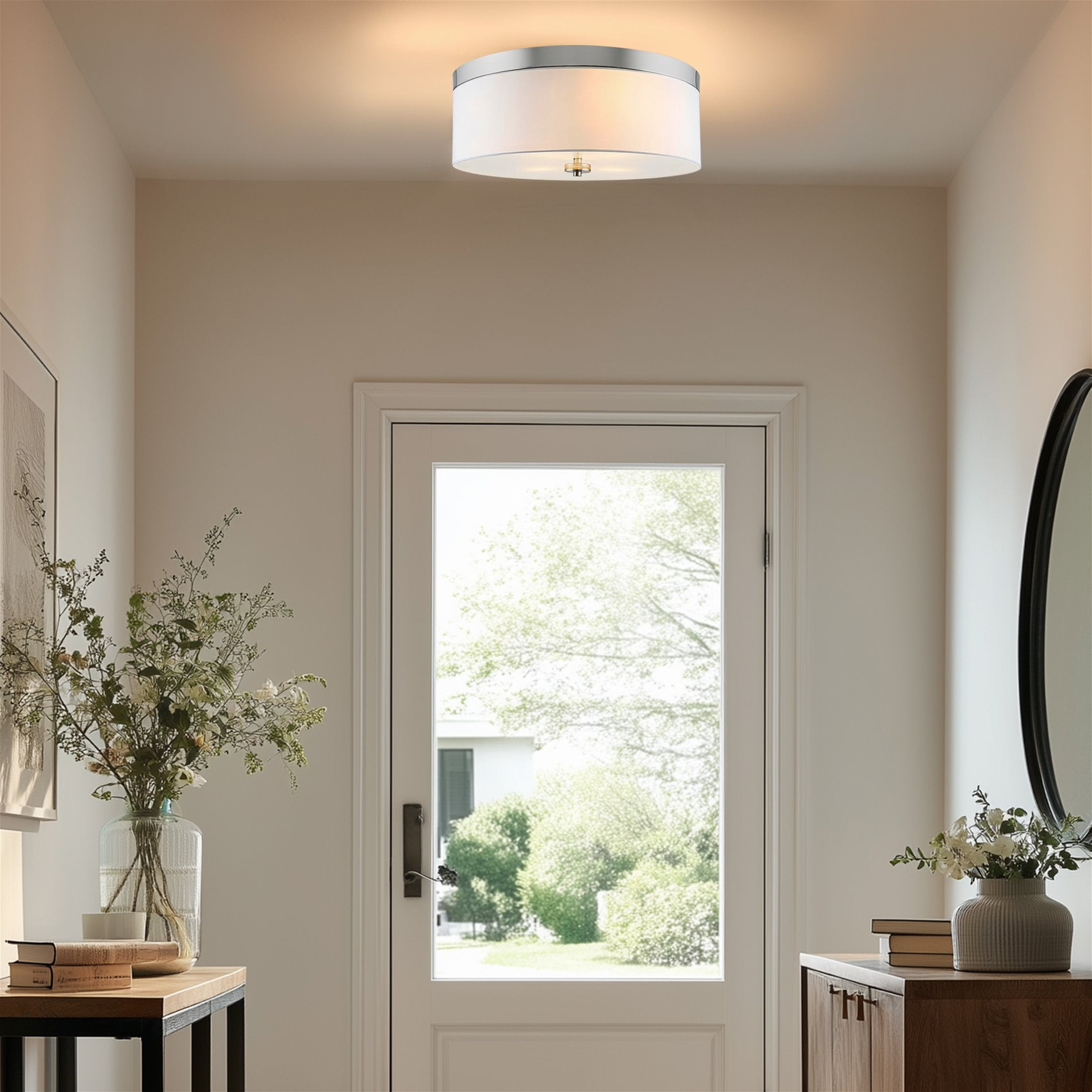 Kira Home Walker 15" Drum Flush Mount Ceiling Light, White Fabric Shade, Frosted Glass Diffuser, Close to Ceiling