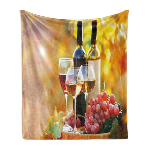 Wine Soft Flannel Fleece Blanket, Tasty Wine on Wooden Cask on Grape Plantation Countryside Harvest Rural Growth, Cozy Plush for Indoor and Outdoor Use, 50" x 60", Orange Red Black, by Ambesonne