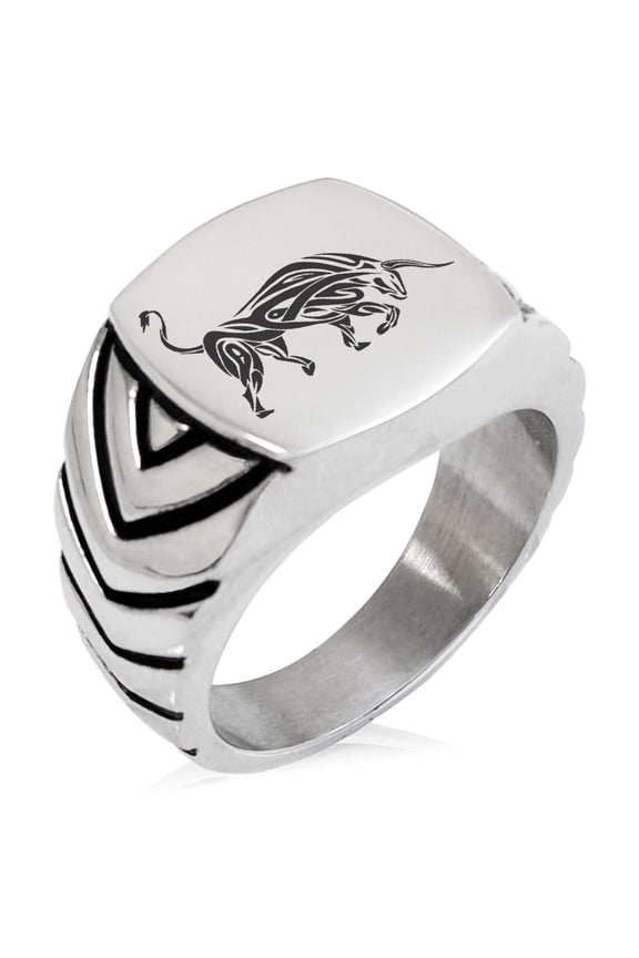 Stainless Steel Celtic Bull Rune Chevron Pattern Biker Style Polished Ring