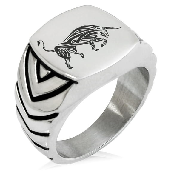Stainless Steel Celtic Bull Rune Chevron Pattern Biker Style Polished Ring