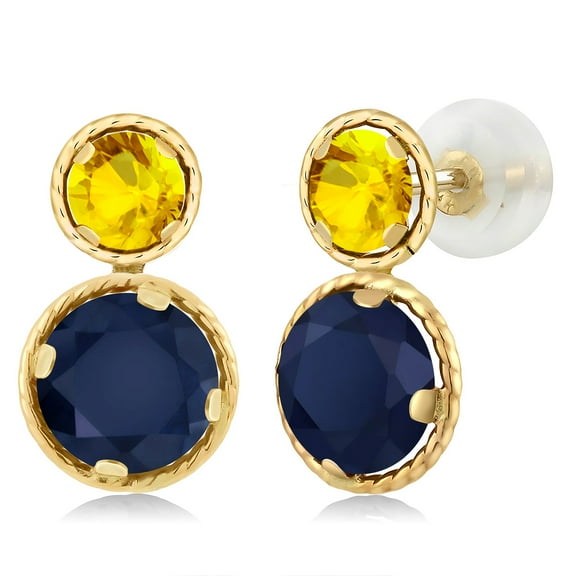 Gem Stone King 14K Yellow Gold Blue and Yellow Sapphire Earrings for Women (2.92 Cttw, Gemstone September Birthstone, Round Cut 6MM and 4MM)