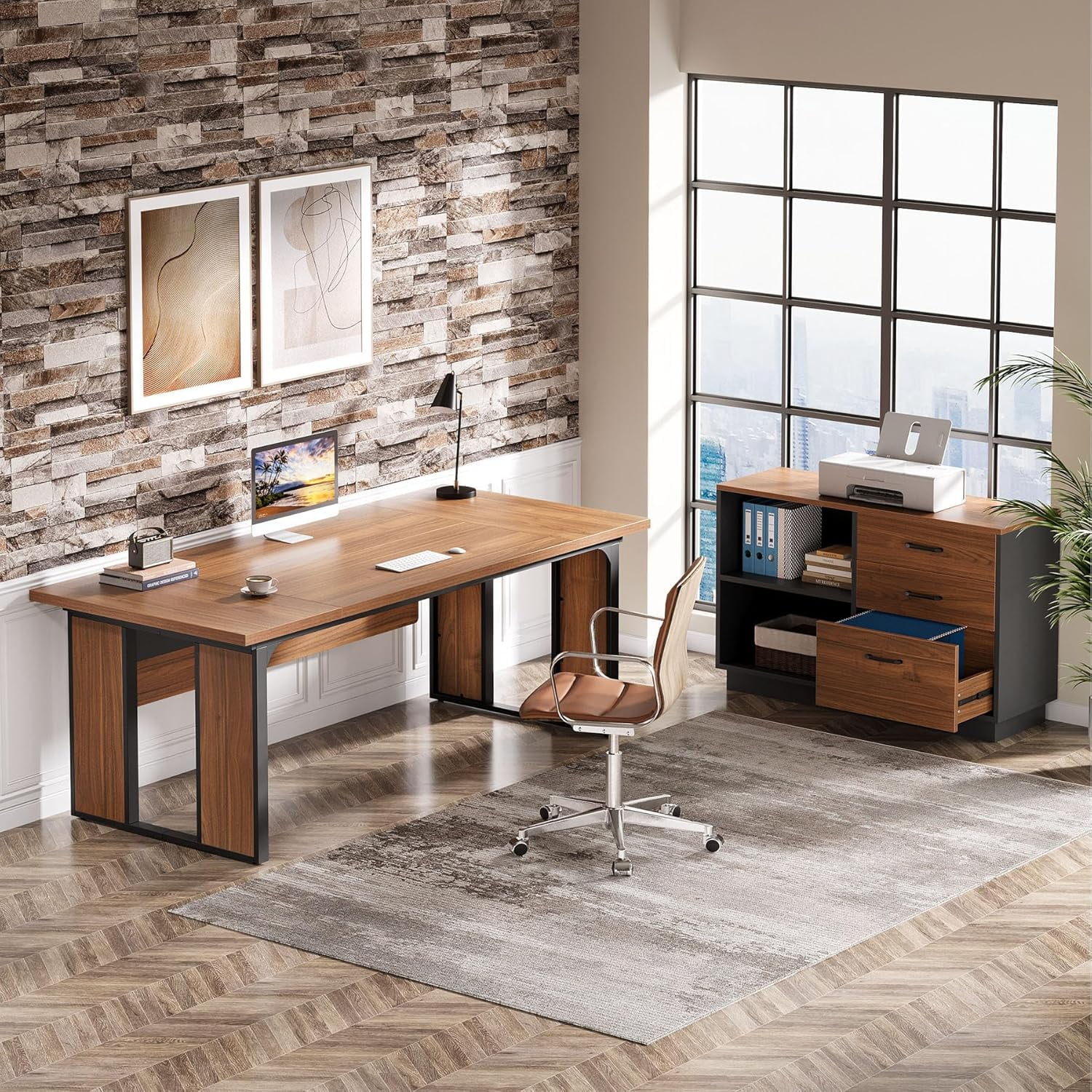 Tribesigns 63-Inch Executive Desk, L-Shaped Office Table with 47-Inch File Cabinet