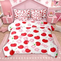Manfei Cartoon Red Cherry 7 Pieces Bedding Comforter Set for Kids, Kawaii Cherry Blossoms Full Bedding Set, Cute Fruit Reversible Fitted Sheet Flat Sheet, Microfiber Bedroom Decor